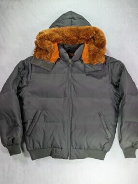 XOXO Vintage Style Puffer Bomber Jacket Womens Sz M Green Faux Fur Hooded Coat